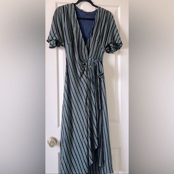 Anthropologie Wrap Asymmetrical Dress Stripe Sparkle Fairy Flutter Sleeve Size S - Picture 2 of 15